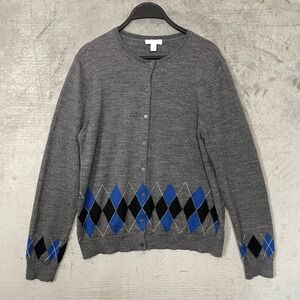 Preppy Academia Merino Wool Argyle Knit Button Front Cardigan Large School‎